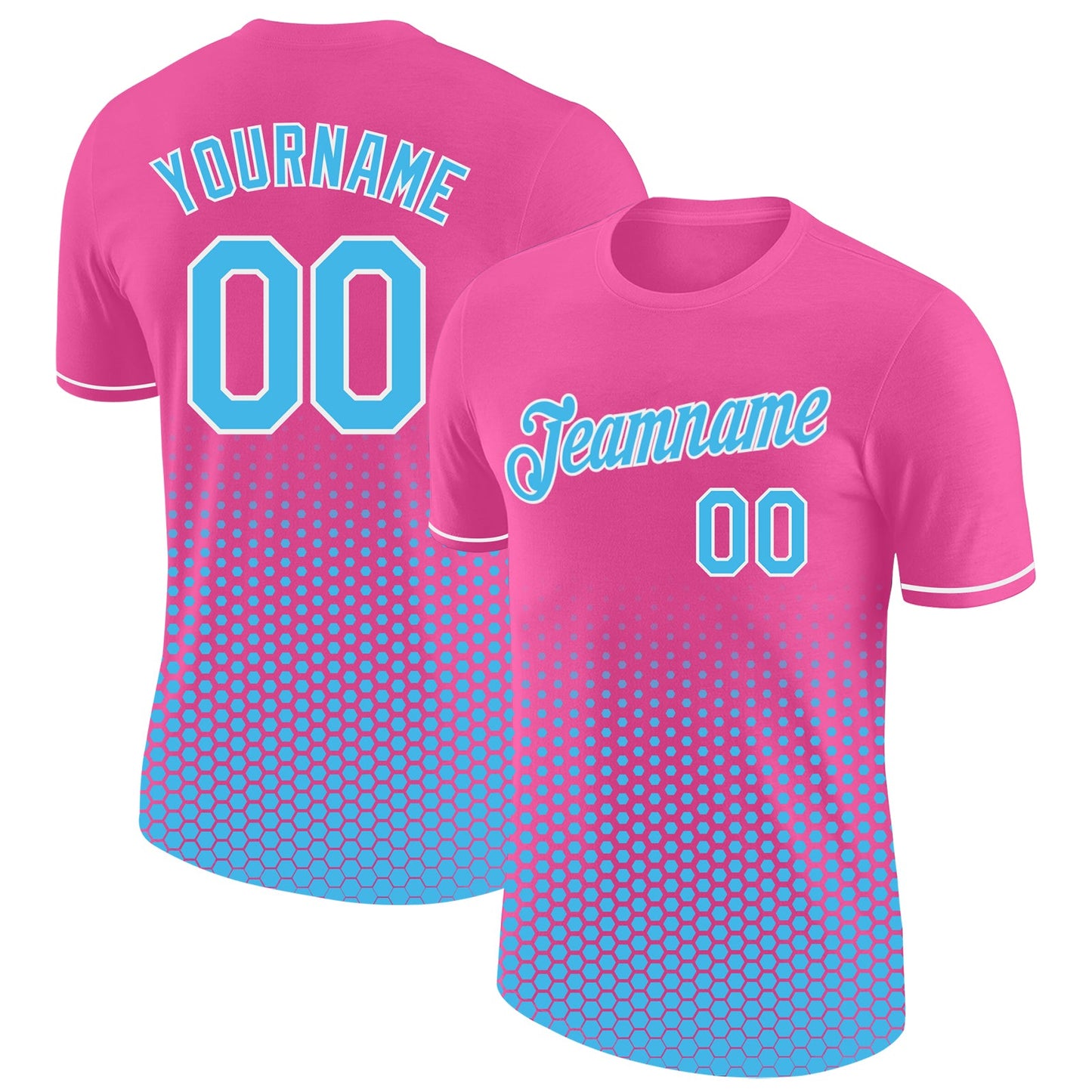 Custom Pink Sky Blue-White Geometric Hexagonal Dot Gradient Performance T-Shirt - Main View