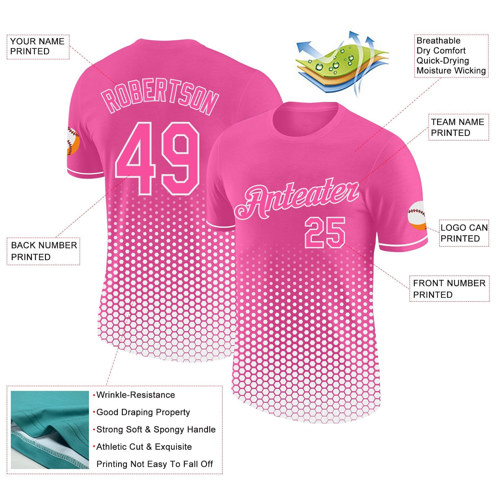 Custom Pink-White Geometric Hexagonal Dot Gradient Performance T-Shirt view 2