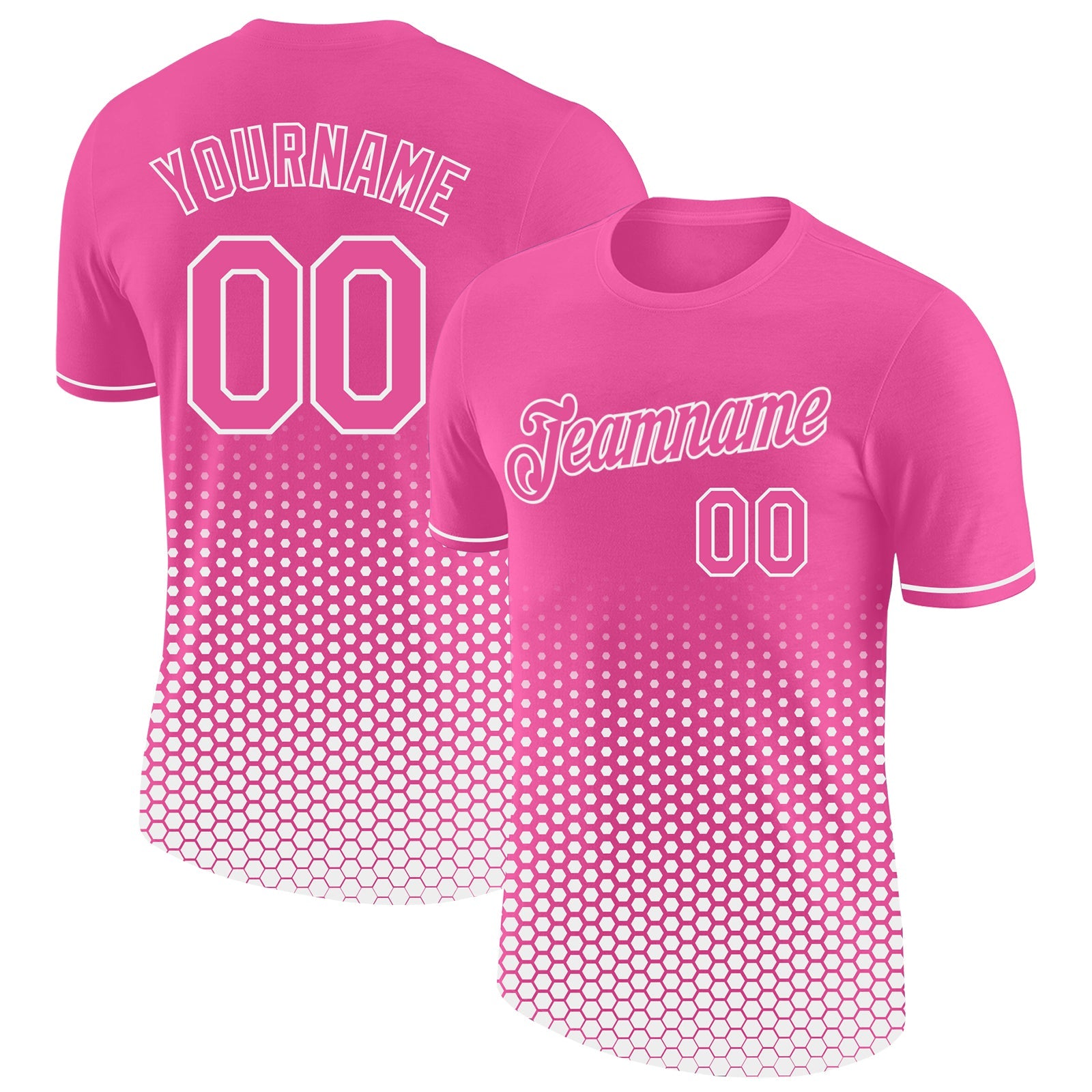 Custom Pink-White Geometric Hexagonal Dot Gradient Performance T-Shirt - Main View
