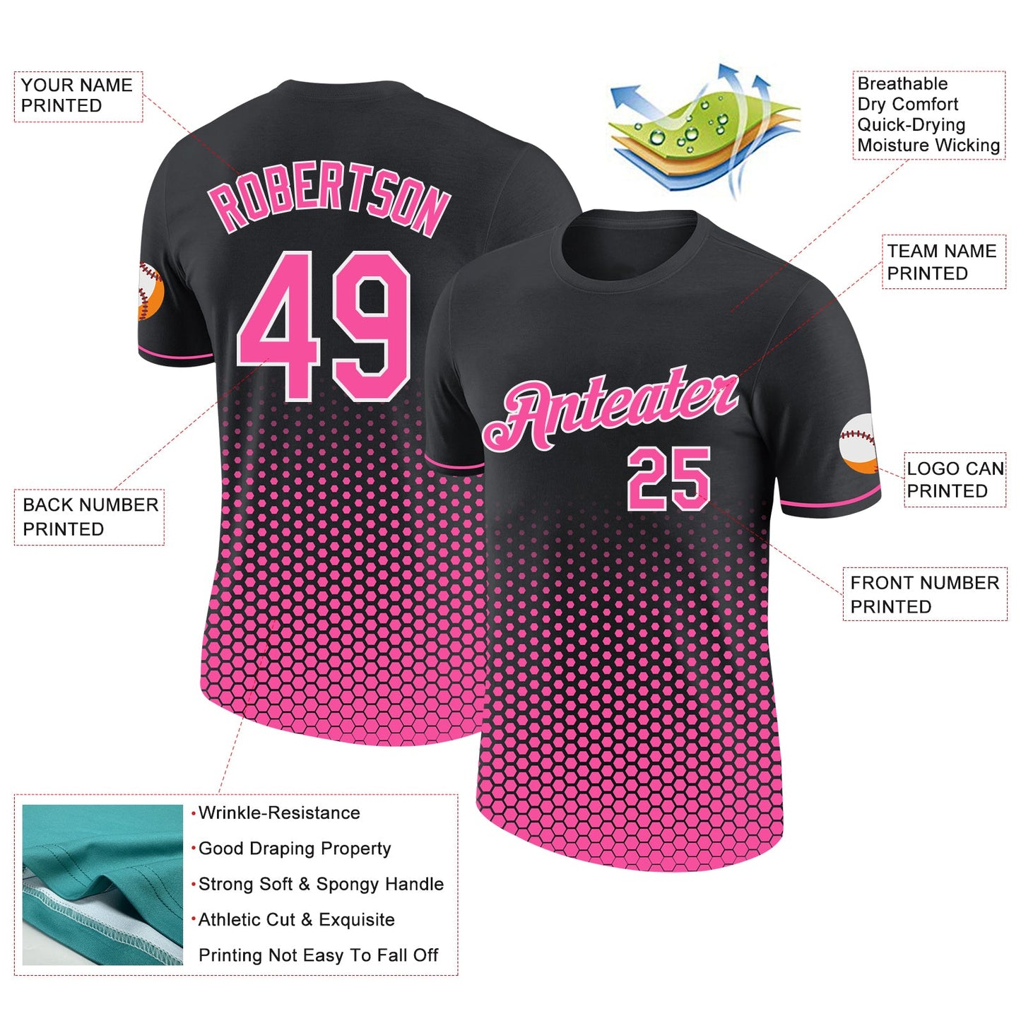 Custom Black Pink-White Geometric Hexagonal Dot Gradient Performance T-Shirt view 2