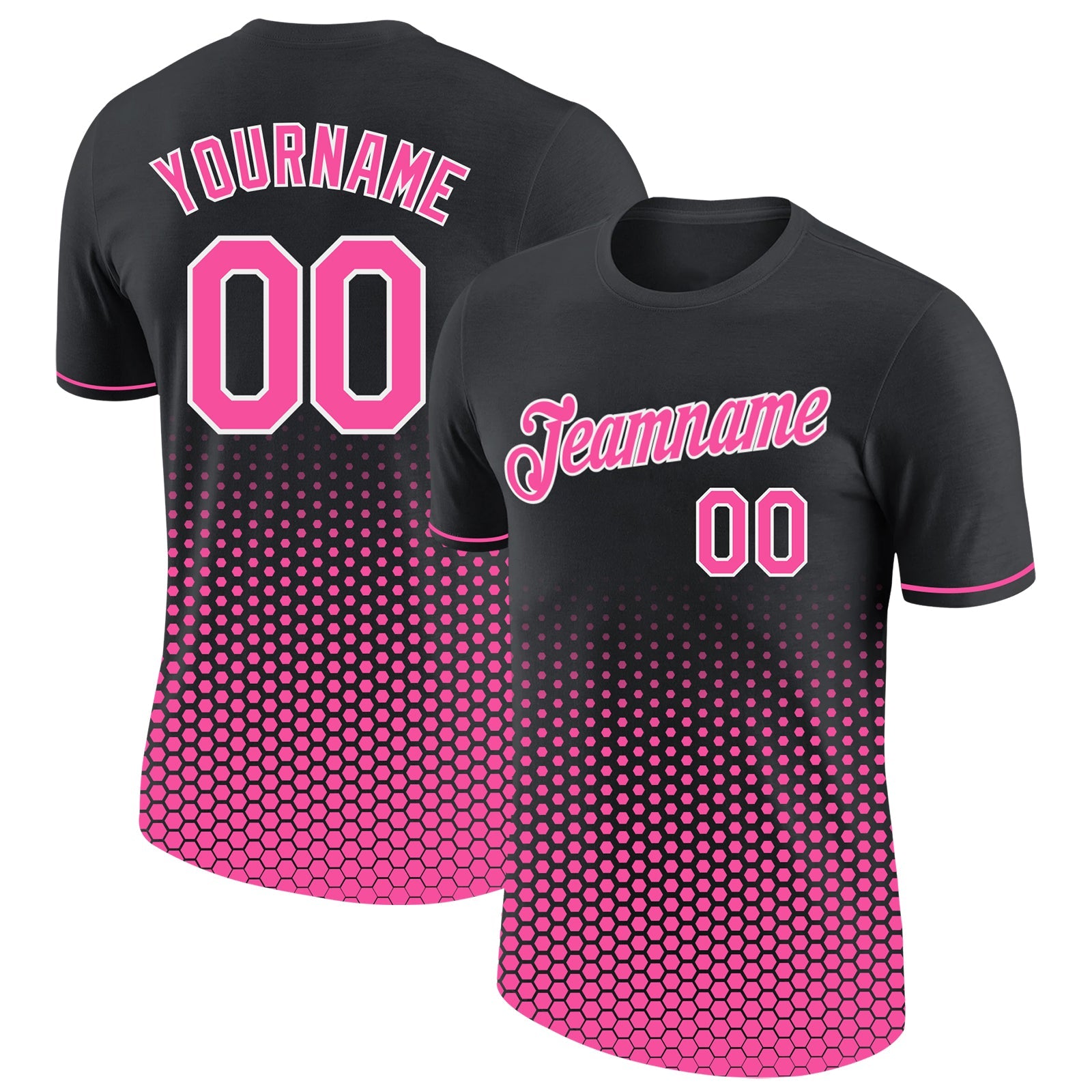 Custom Black Pink-White Geometric Hexagonal Dot Gradient Performance T-Shirt - Main View