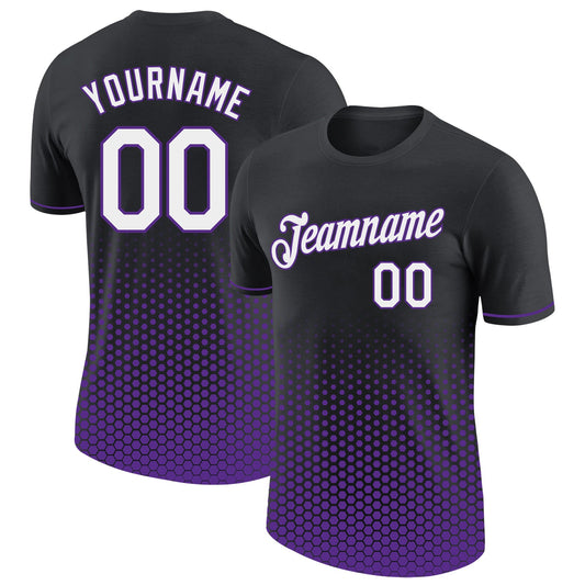 Custom Black White-Purple Geometric Hexagonal Dot Gradient Performance T-Shirt - Main View