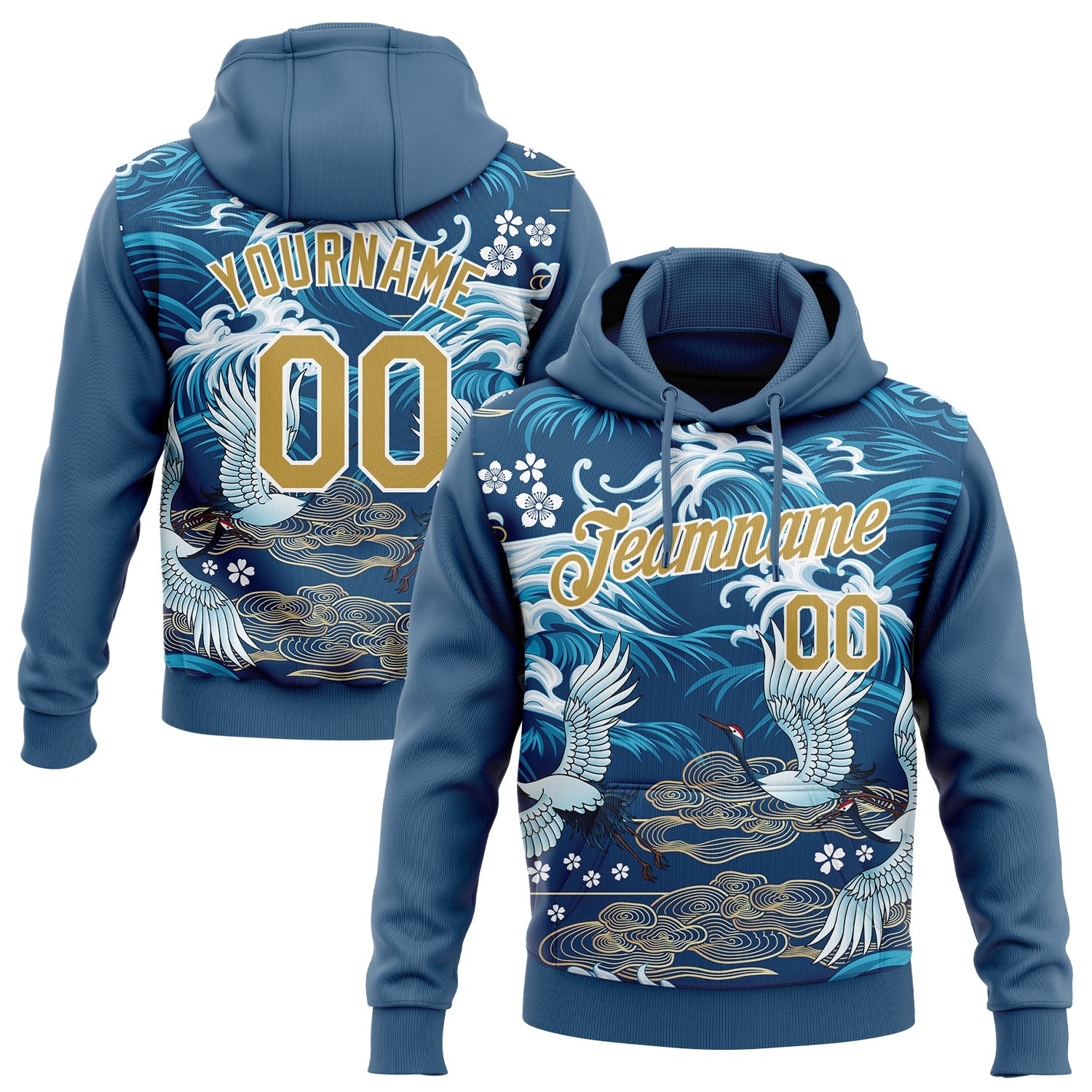 Custom Stitched Royal Old Gold-White 3D Pattern Design Crane And Cloud Sports Pullover Sweatshirt Hoodie - Main View