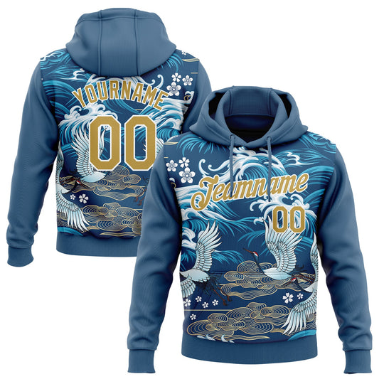 Custom Stitched Royal Old Gold-White 3D Pattern Design Crane And Cloud Sports Pullover Sweatshirt Hoodie - Main View