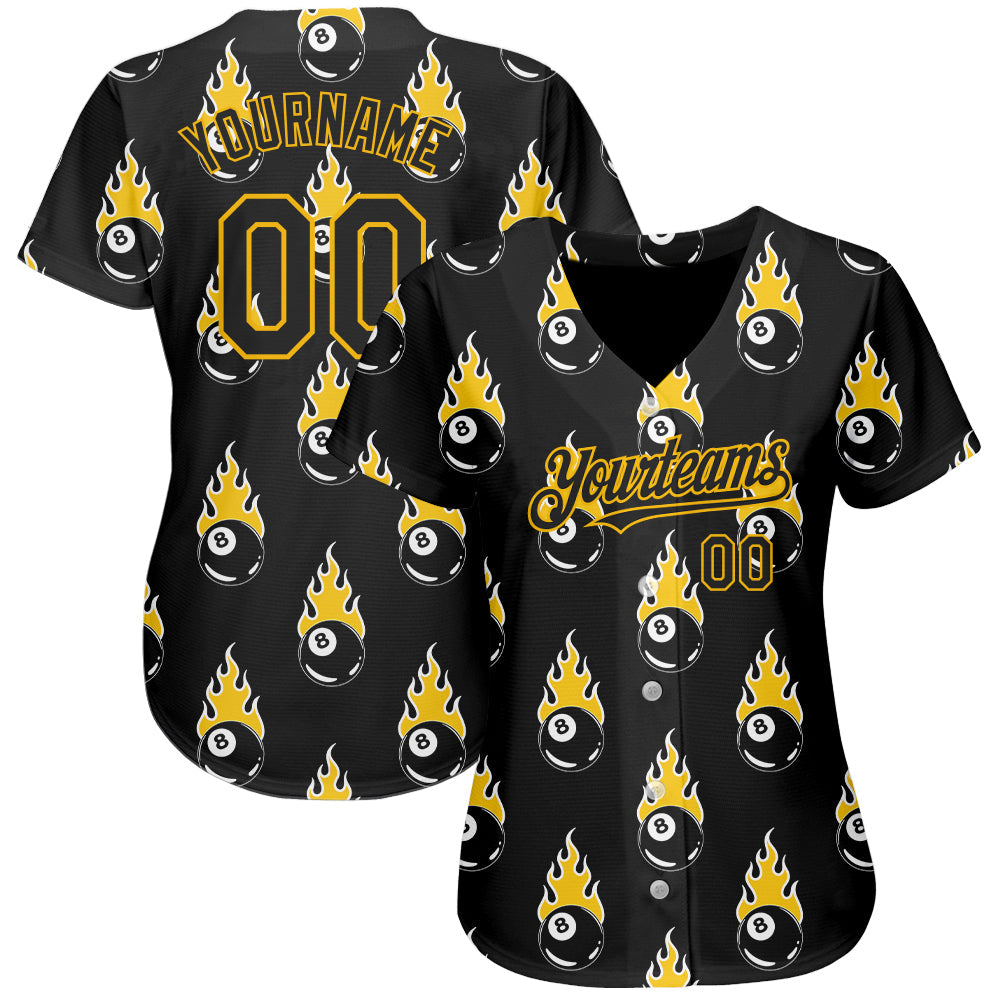 Custom Black Gold 3D Pattern Design Flaming Billiards Snooker 8 Ball Authentic Baseball Jersey view 2