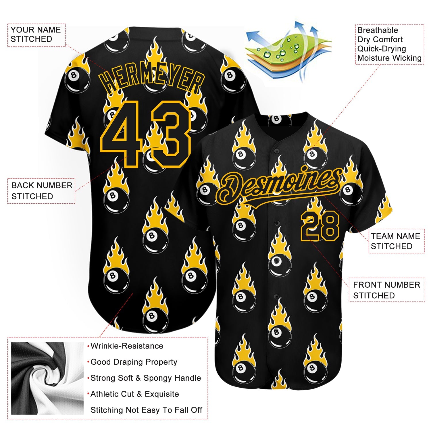 Custom Black Gold 3D Pattern Design Flaming Billiards Snooker 8 Ball Authentic Baseball Jersey view 3