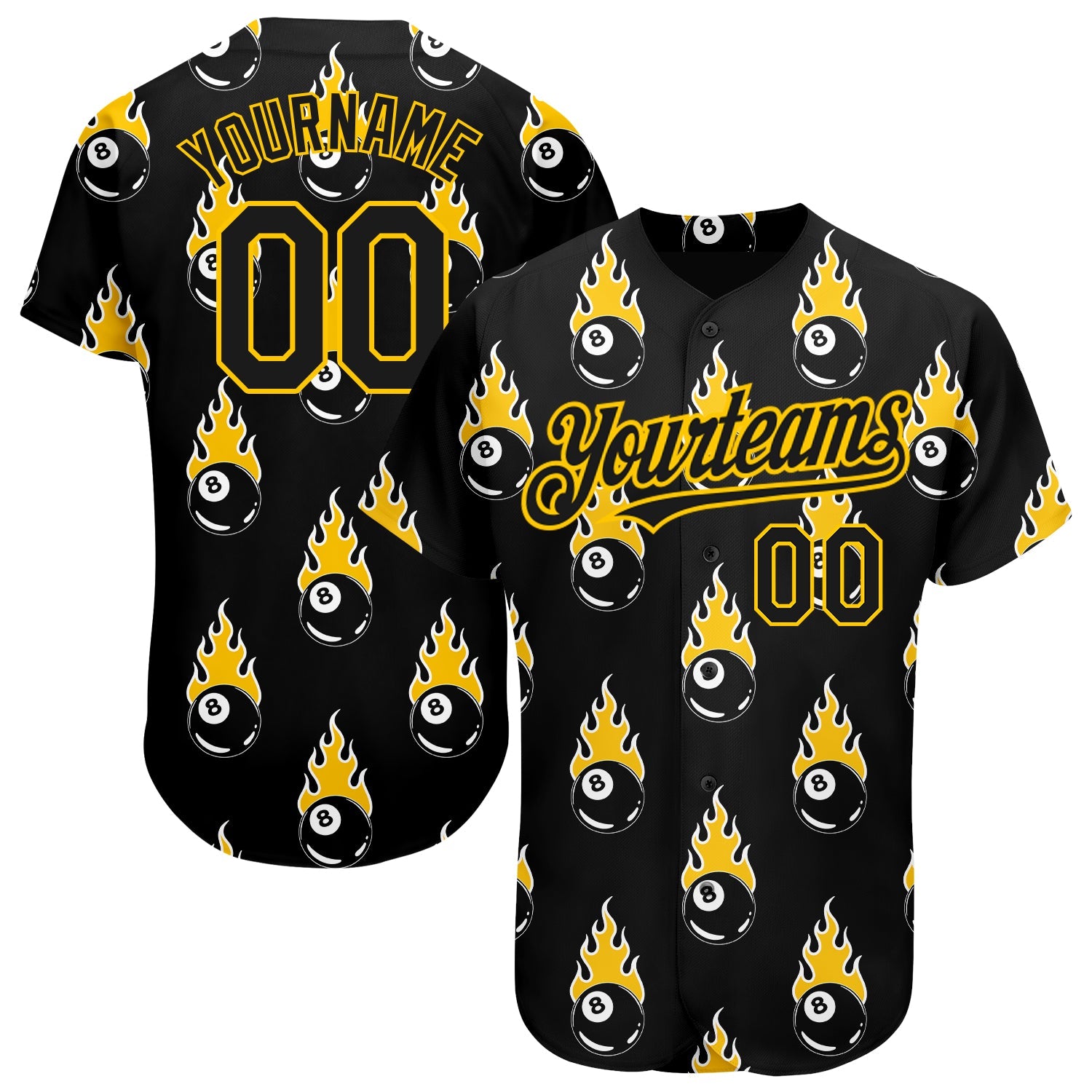 Custom Black Gold 3D Pattern Design Flaming Billiards Snooker 8 Ball Authentic Baseball Jersey - Main View