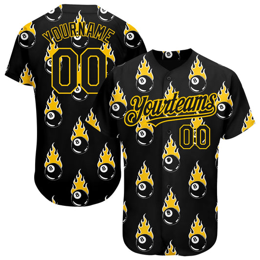 Custom Black Gold 3D Pattern Design Flaming Billiards Snooker 8 Ball Authentic Baseball Jersey - Main View