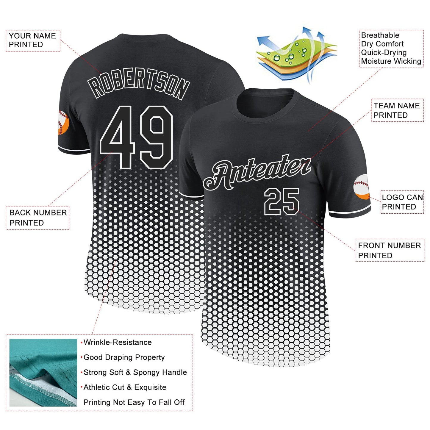 Custom Black-White Geometric Hexagonal Dot Gradient Performance T-Shirt view 2
