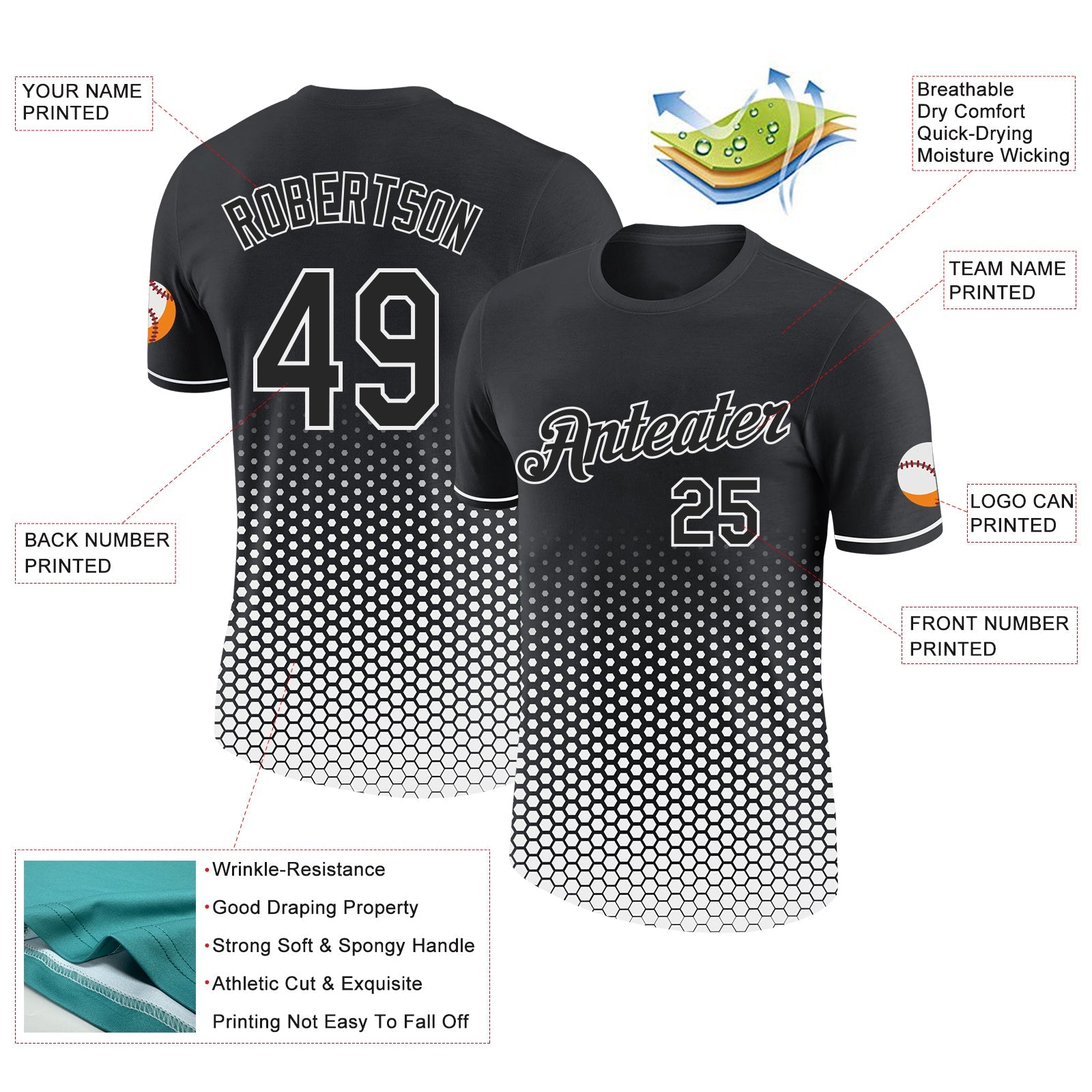 Custom Black-White Geometric Hexagonal Dot Gradient Performance T-Shirt view 2