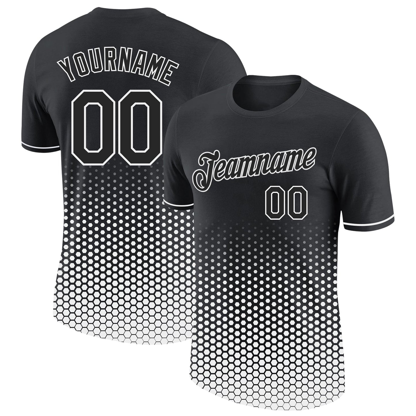 Custom Black-White Geometric Hexagonal Dot Gradient Performance T-Shirt - Main View