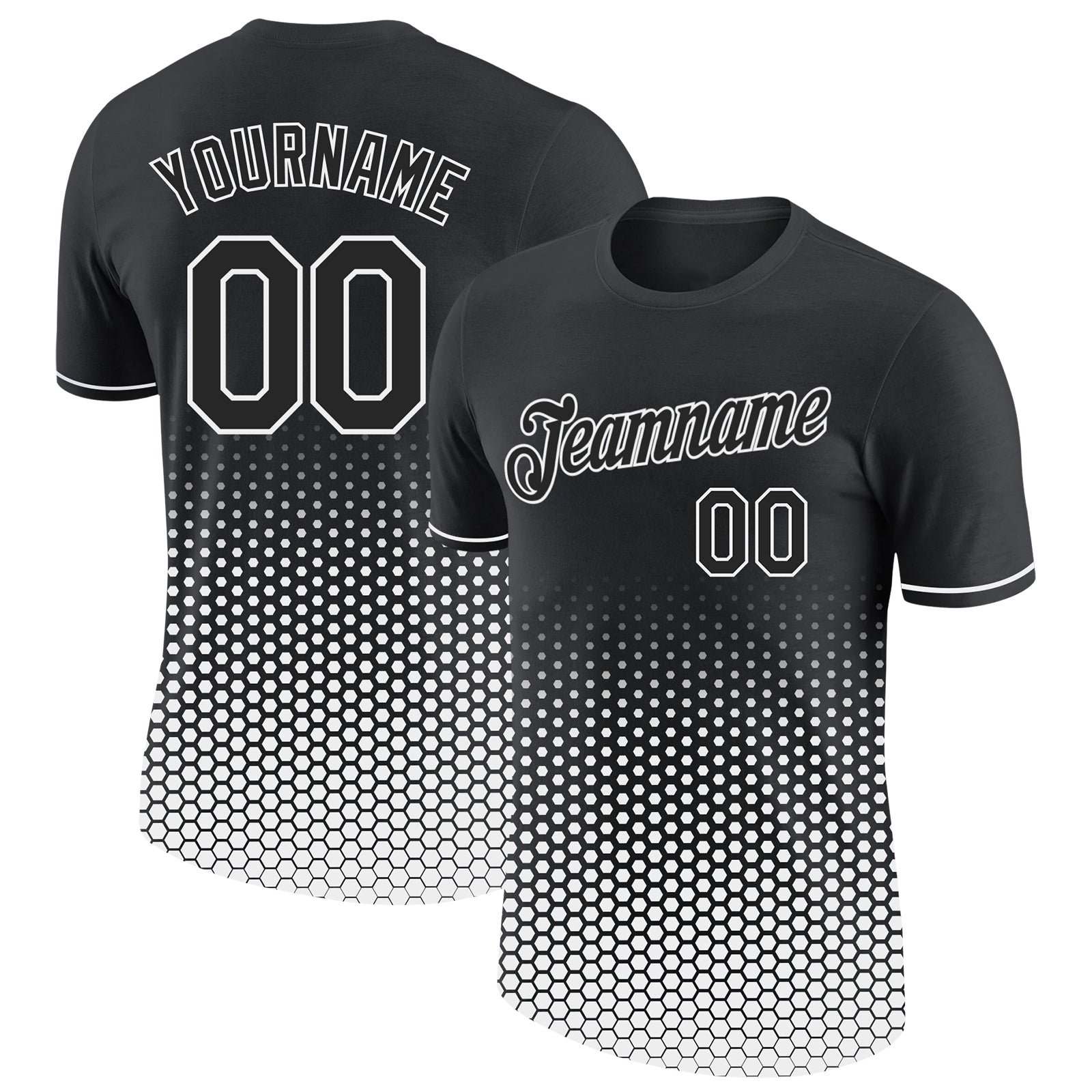 Custom Black-White Geometric Hexagonal Dot Gradient Performance T-Shirt - Main View