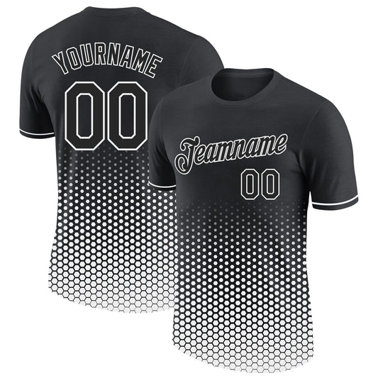 Custom Black-White Geometric Hexagonal Dot Gradient Performance T-Shirt - Main View