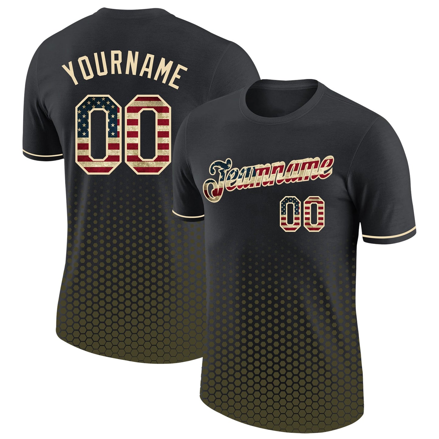 Custom Black Vintage USA Flag Olive-Cream Geometric Hexagonal Dot Gradient Performance T-Shirt - Main View