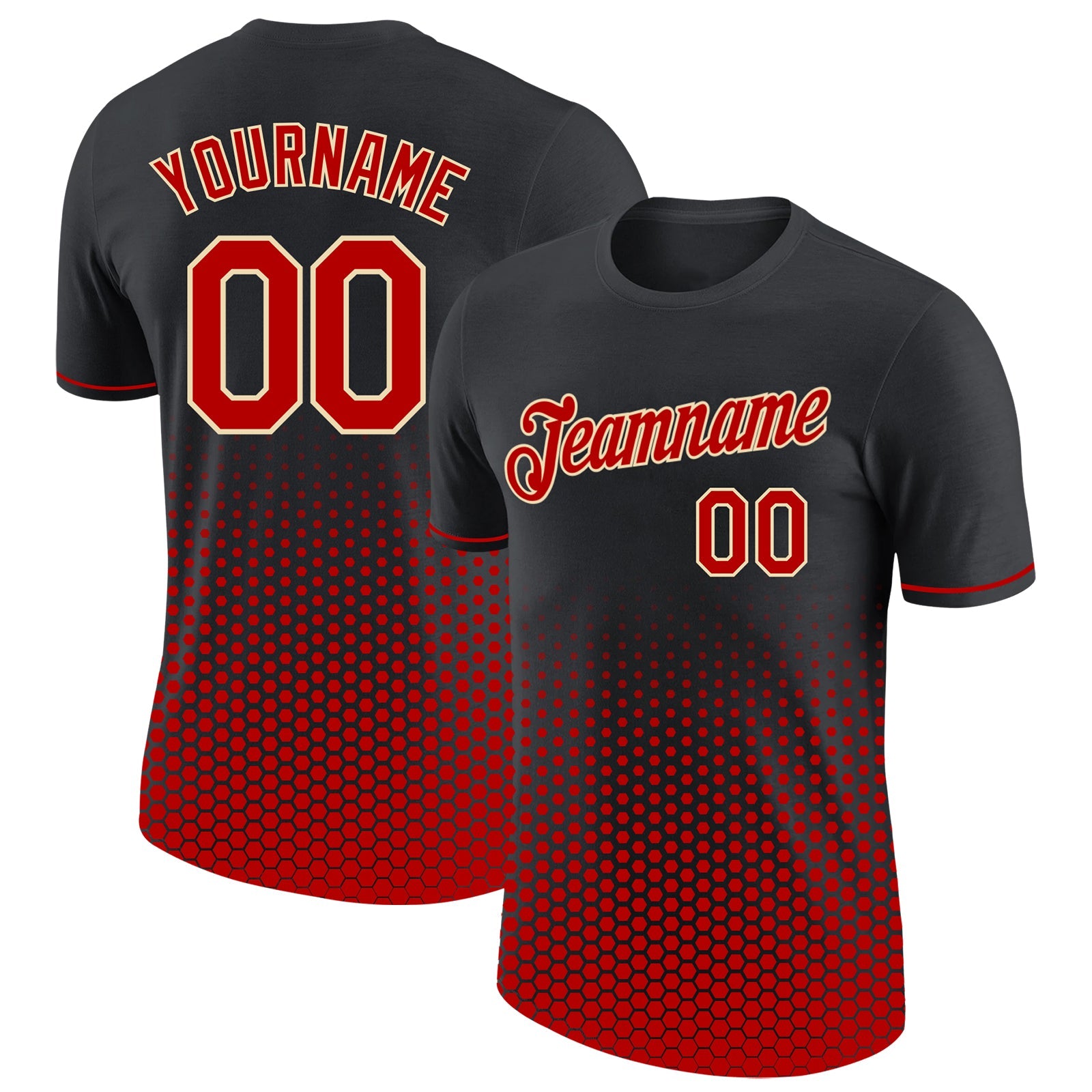 Custom Black Red-Cream Geometric Hexagonal Dot Gradient Performance T-Shirt - Main View