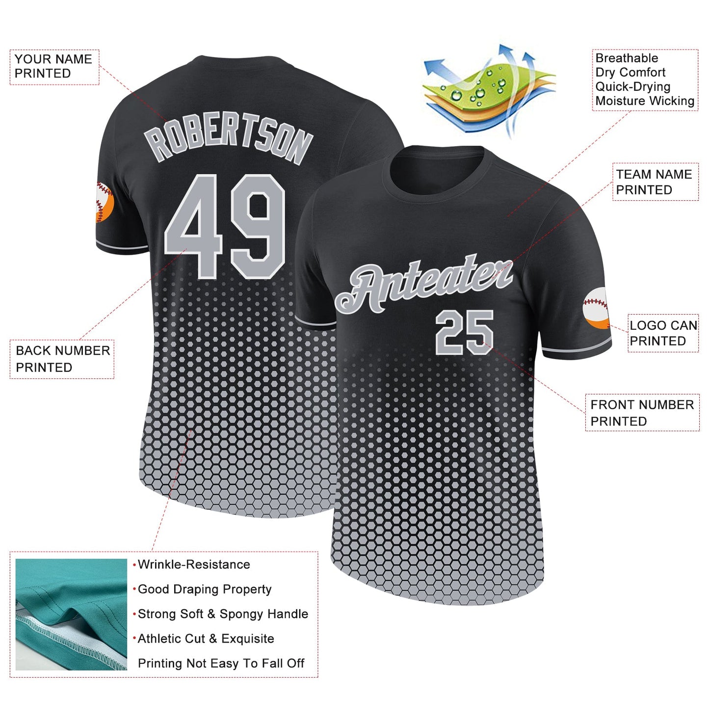 Custom Black Gray-White Geometric Hexagonal Dot Gradient Performance T-Shirt view 2