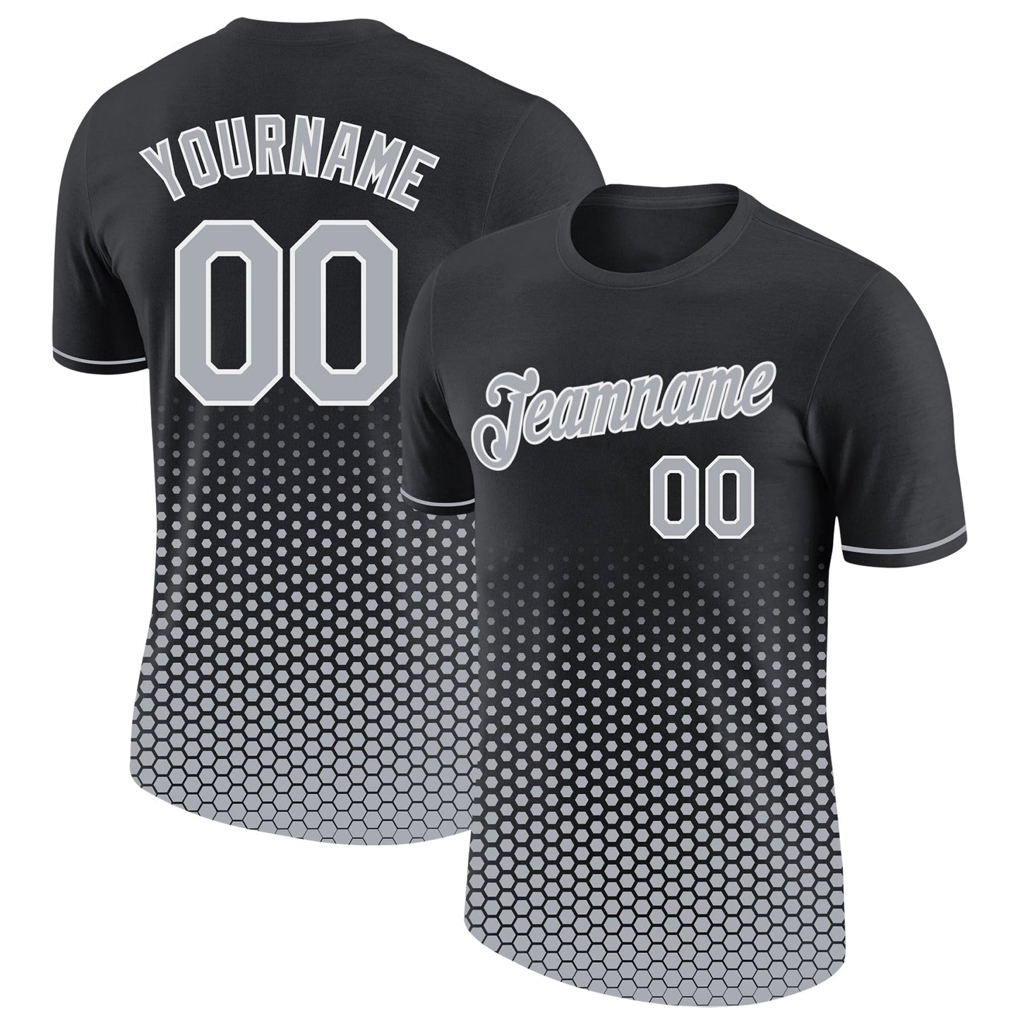 Custom Black Gray-White Geometric Hexagonal Dot Gradient Performance T-Shirt - Main View