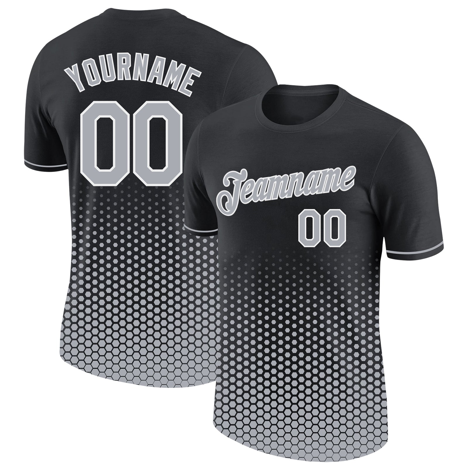 Custom Black Gray-White Geometric Hexagonal Dot Gradient Performance T-Shirt - Main View