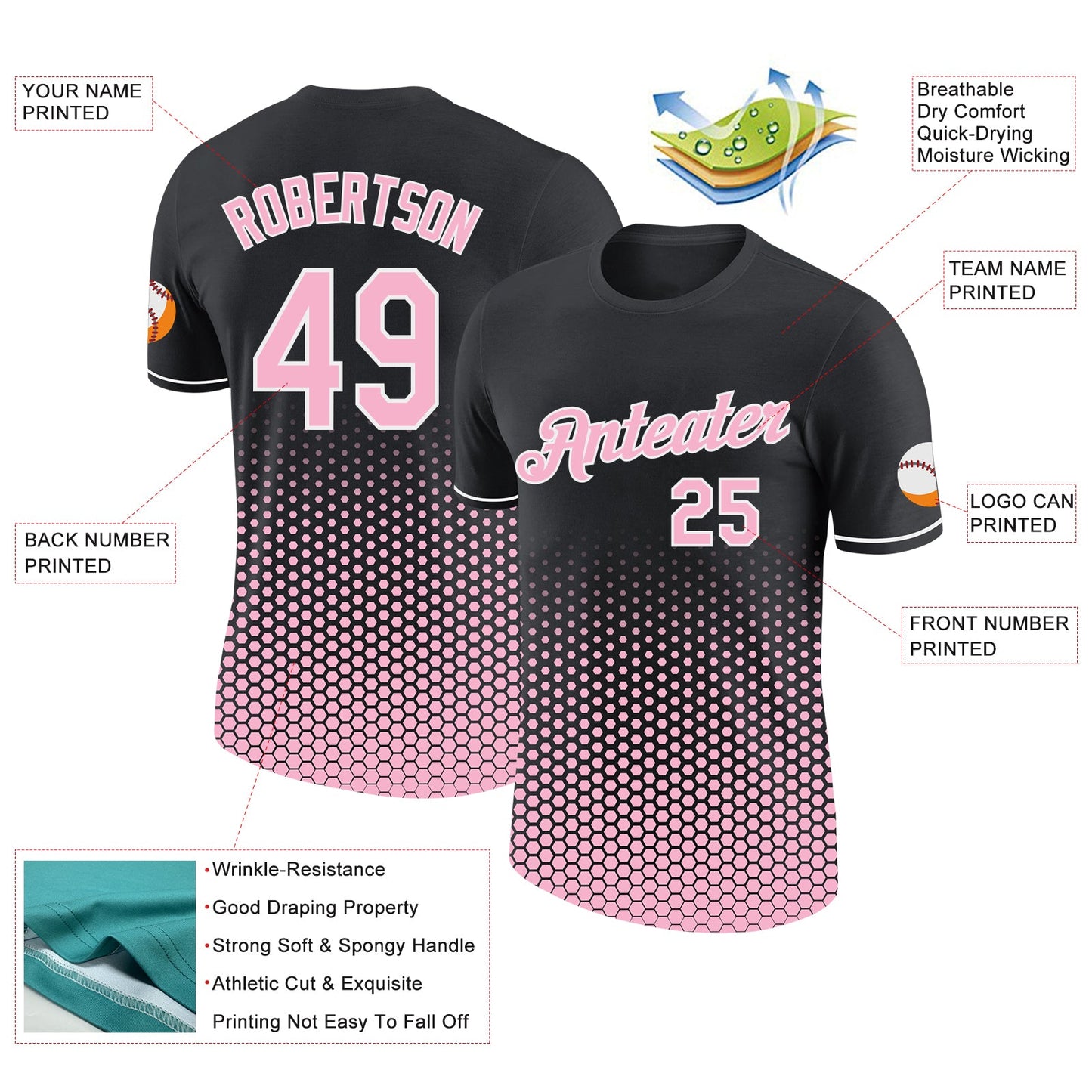 Custom Black Light Pink-White Geometric Hexagonal Dot Gradient Performance T-Shirt view 2