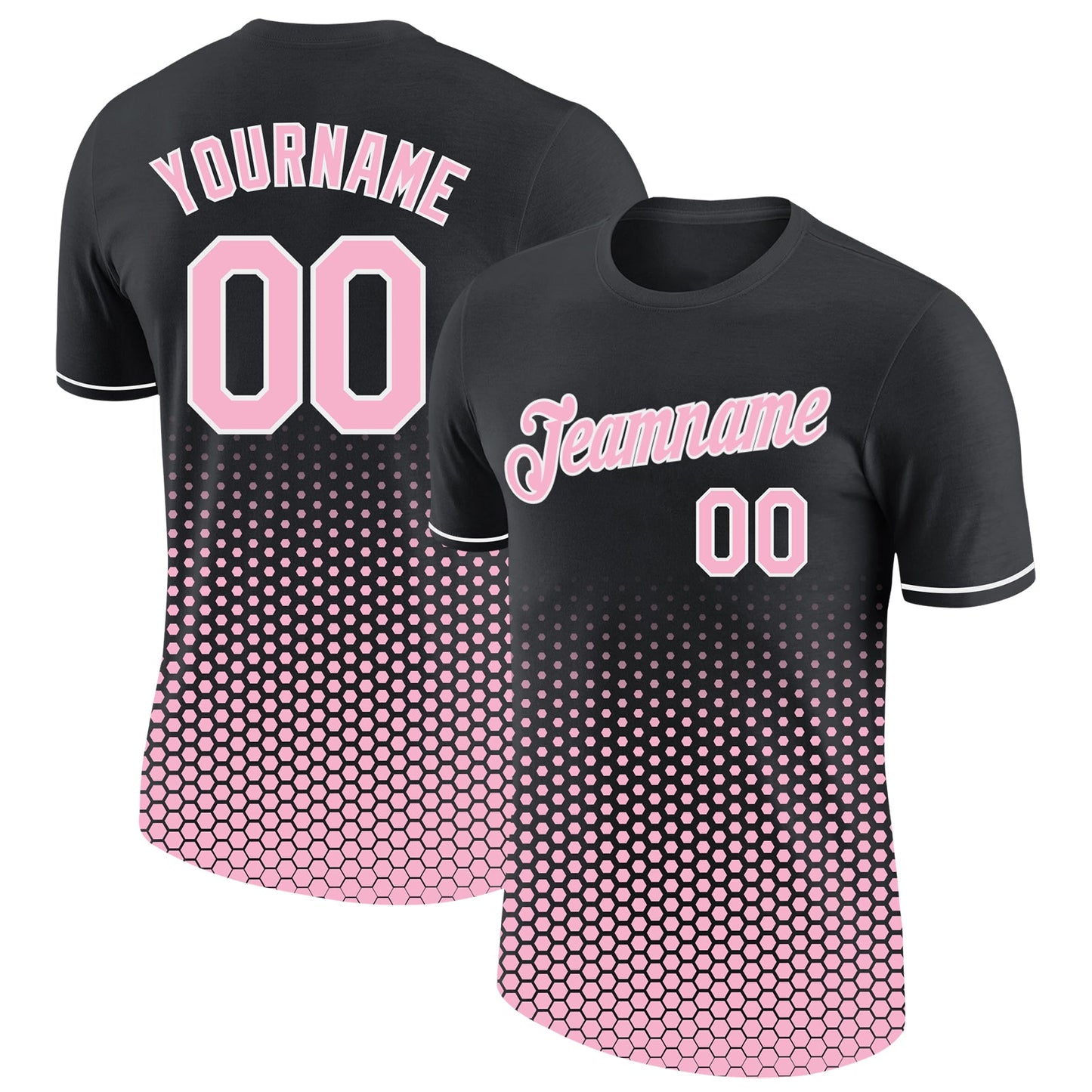 Custom Black Light Pink-White Geometric Hexagonal Dot Gradient Performance T-Shirt - Main View