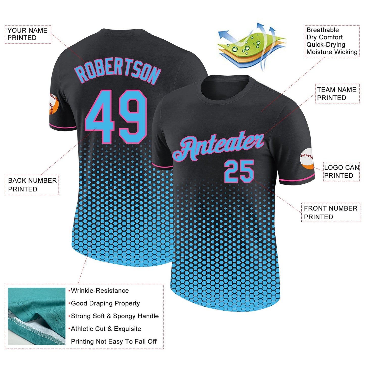Custom Black Sky Blue-Pink Geometric Hexagonal Dot Gradient Performance T-Shirt view 2