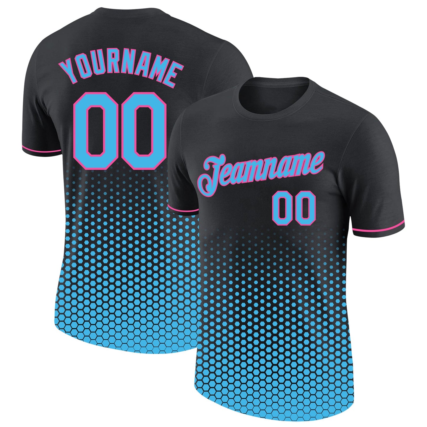 Custom Black Sky Blue-Pink Geometric Hexagonal Dot Gradient Performance T-Shirt - Main View