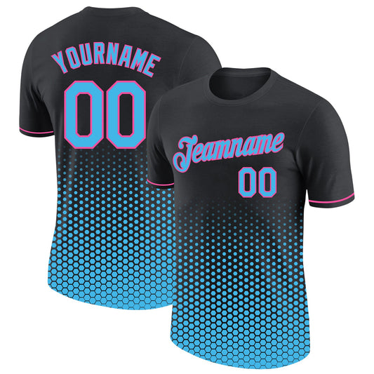 Custom Black Sky Blue-Pink Geometric Hexagonal Dot Gradient Performance T-Shirt - Main View