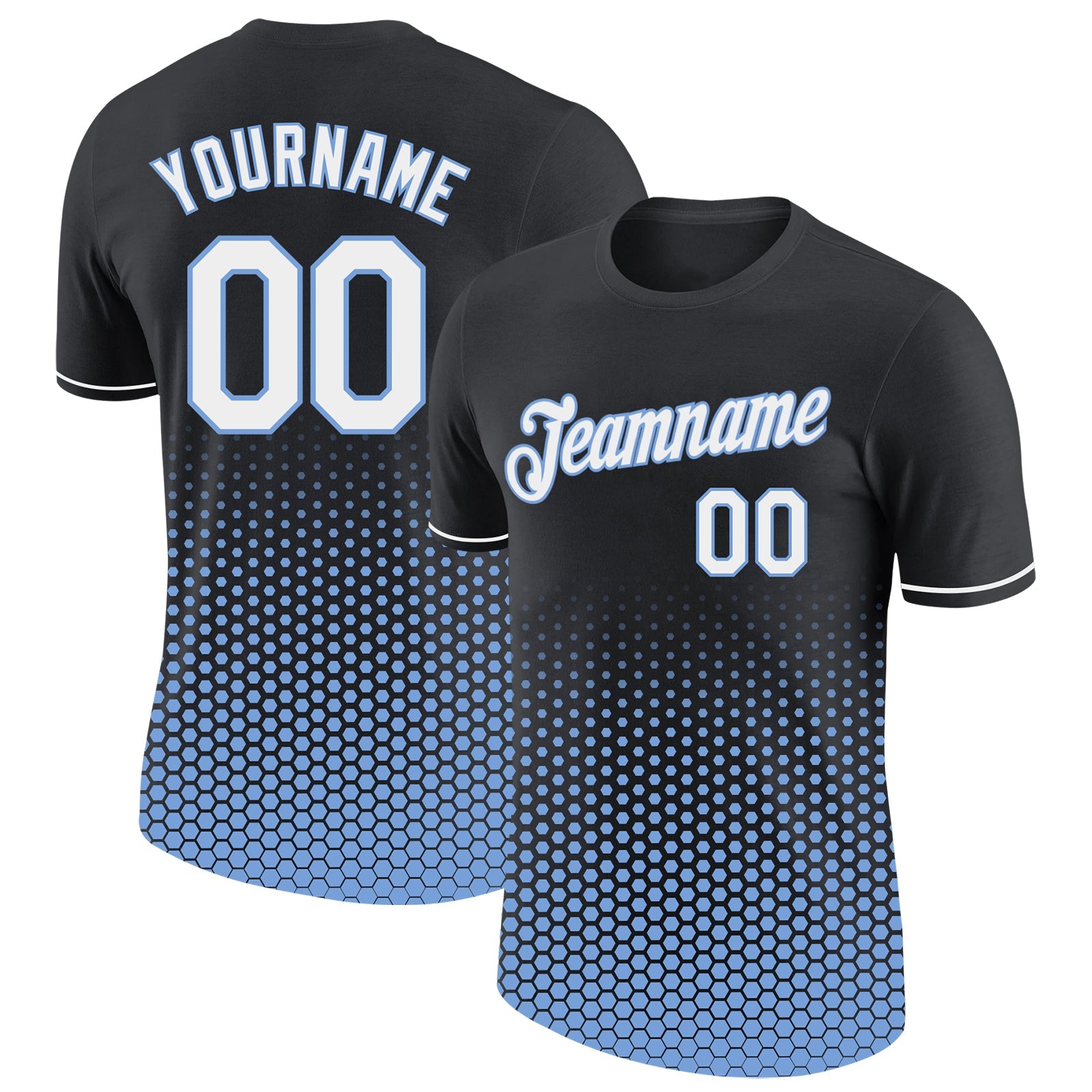 Custom Black White-Light Blue Geometric Hexagonal Dot Gradient Performance T-Shirt - Main View