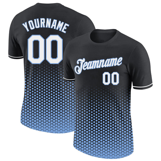 Custom Black White-Light Blue Geometric Hexagonal Dot Gradient Performance T-Shirt - Main View