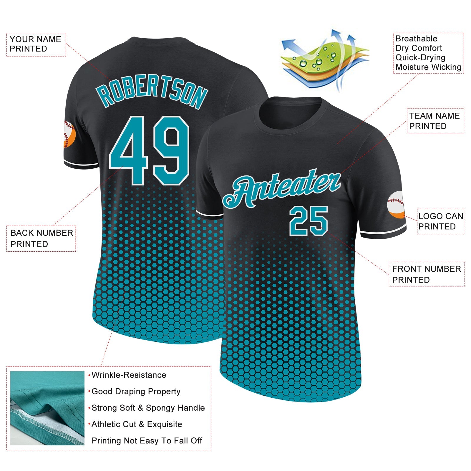 Custom Black Teal-White Geometric Hexagonal Dot Gradient Performance T-Shirt view 2