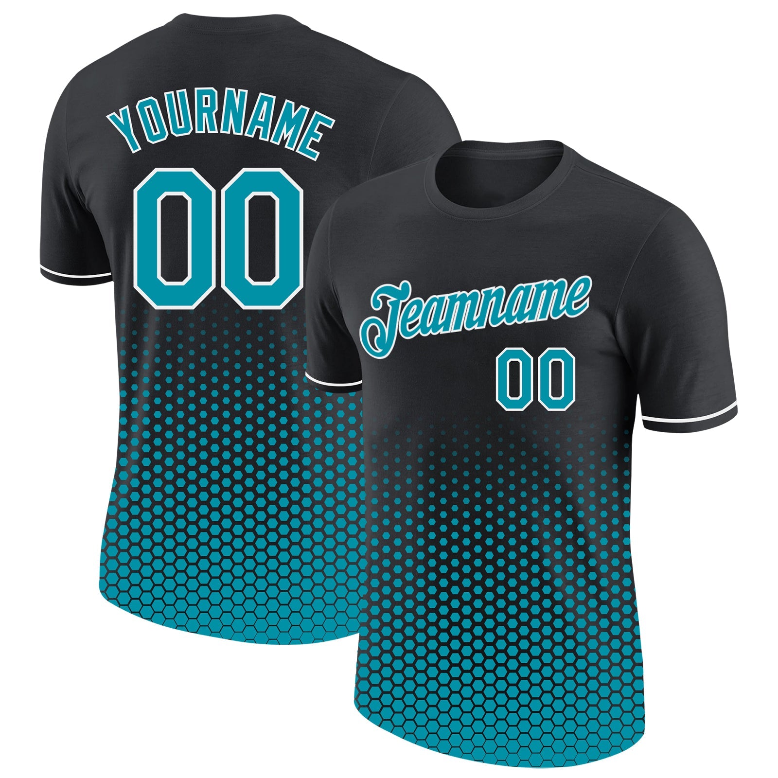 Custom Black Teal-White Geometric Hexagonal Dot Gradient Performance T-Shirt - Main View