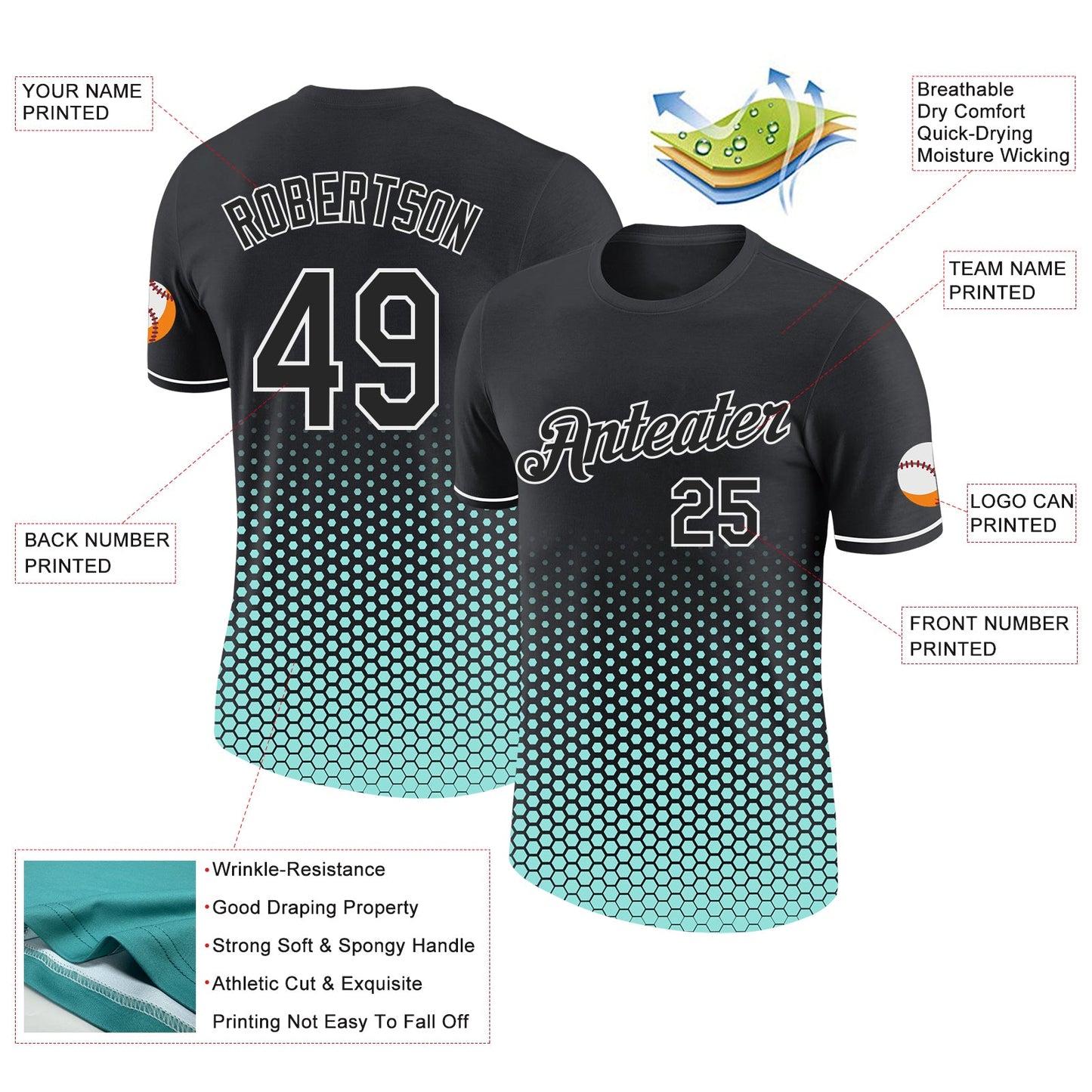 Custom Black Ice Blue-White Geometric Hexagonal Dot Gradient Performance T-Shirt view 2