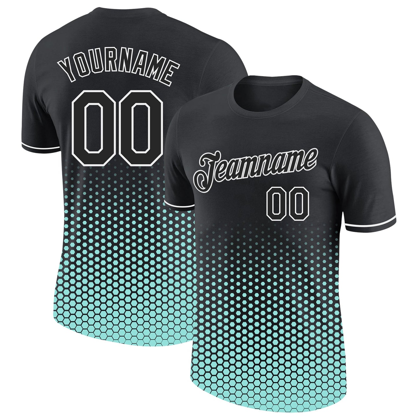 Custom Black Ice Blue-White Geometric Hexagonal Dot Gradient Performance T-Shirt - Main View