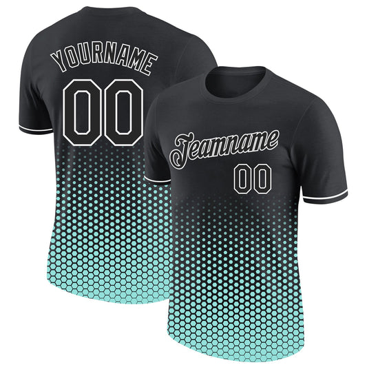 Custom Black Ice Blue-White Geometric Hexagonal Dot Gradient Performance T-Shirt - Main View