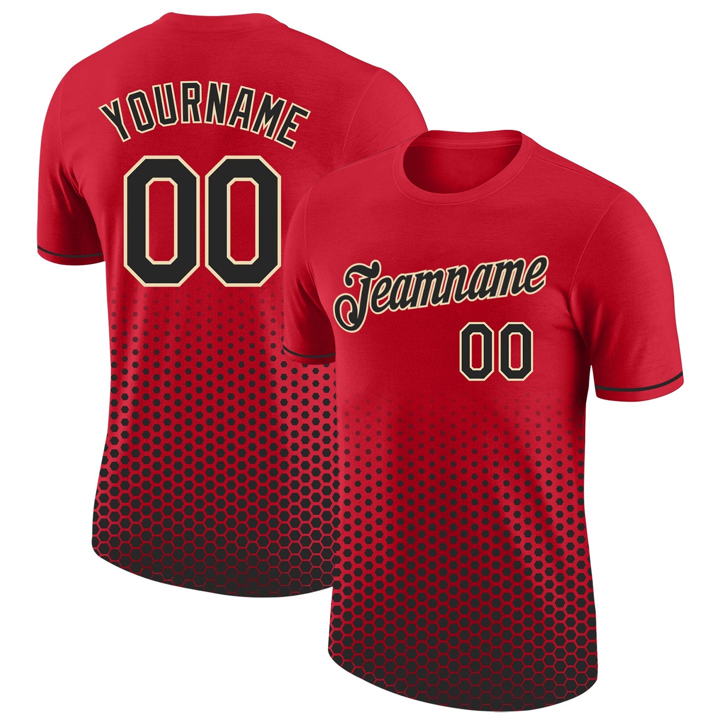 Custom Red Black-Cream Geometric Hexagonal Dot Gradient Performance T-Shirt - Main View