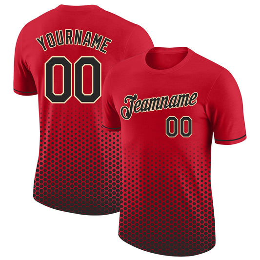 Custom Red Black-Cream Geometric Hexagonal Dot Gradient Performance T-Shirt - Main View