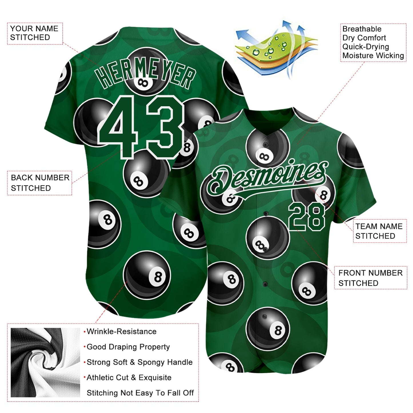 Custom Green White 3D Pattern Design Billiards Snooker 8 Ball Authentic Baseball Jersey view 3