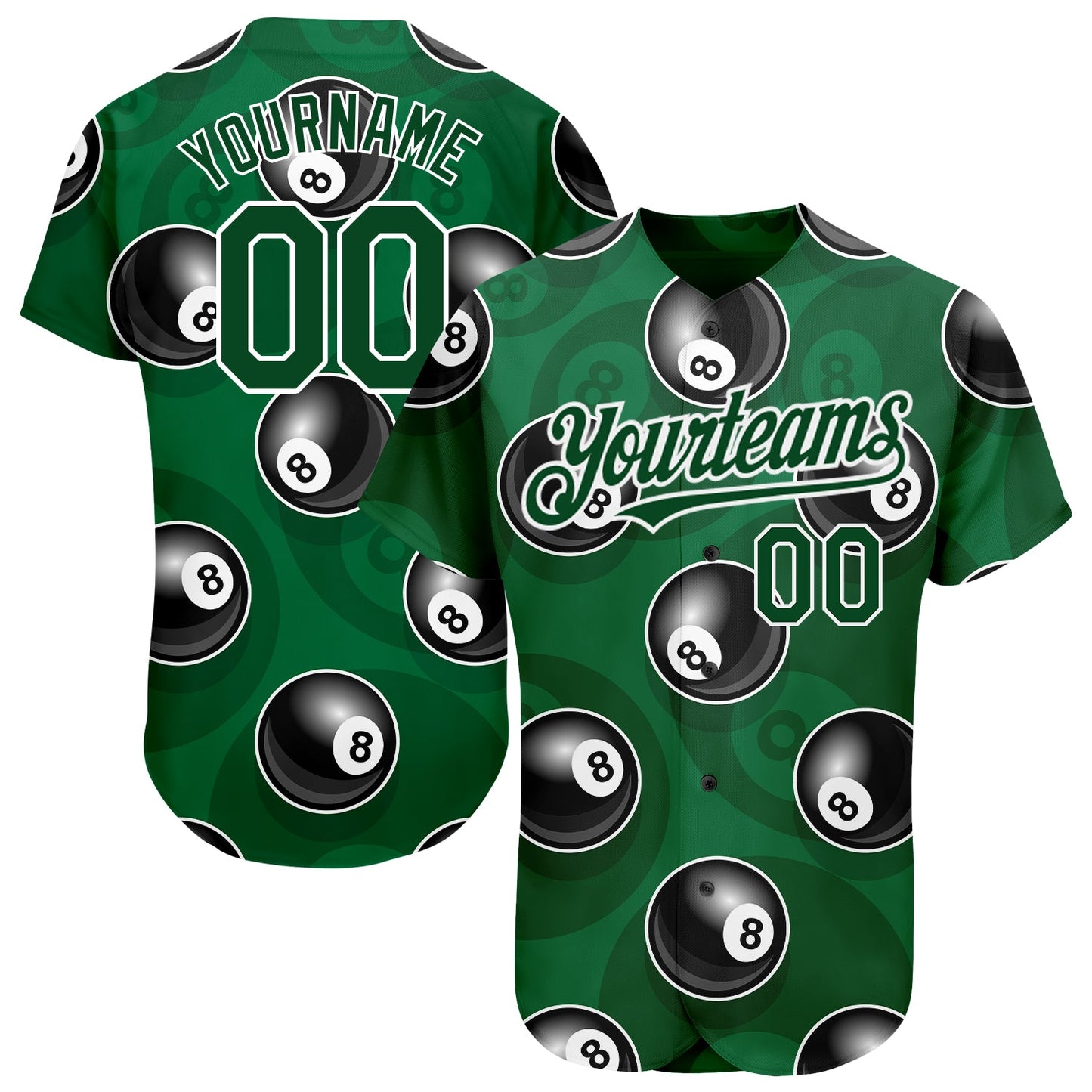 Custom Green White 3D Pattern Design Billiards Snooker 8 Ball Authentic Baseball Jersey - Main View