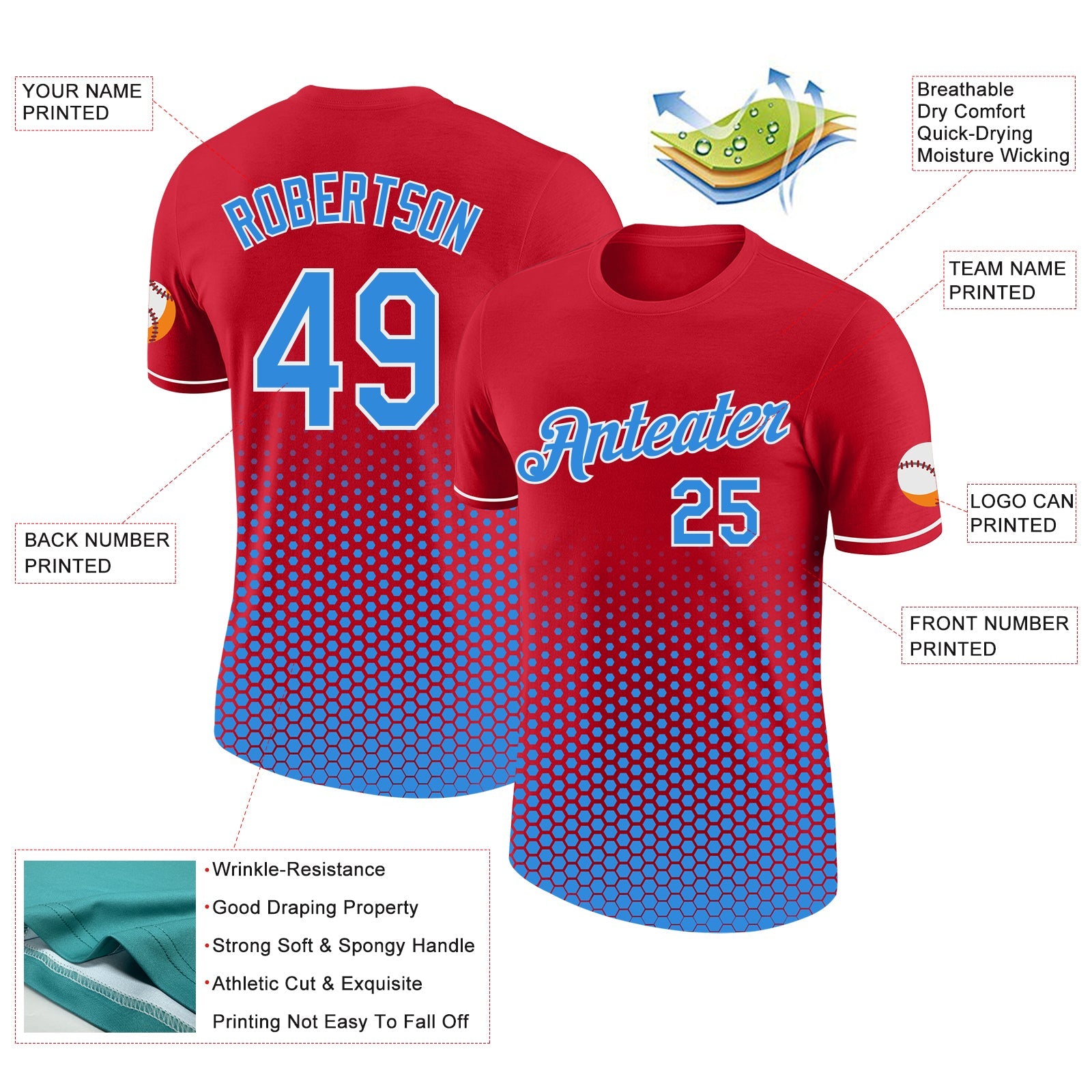 Custom Red Powder Blue-White Geometric Hexagonal Dot Gradient Performance T-Shirt view 2
