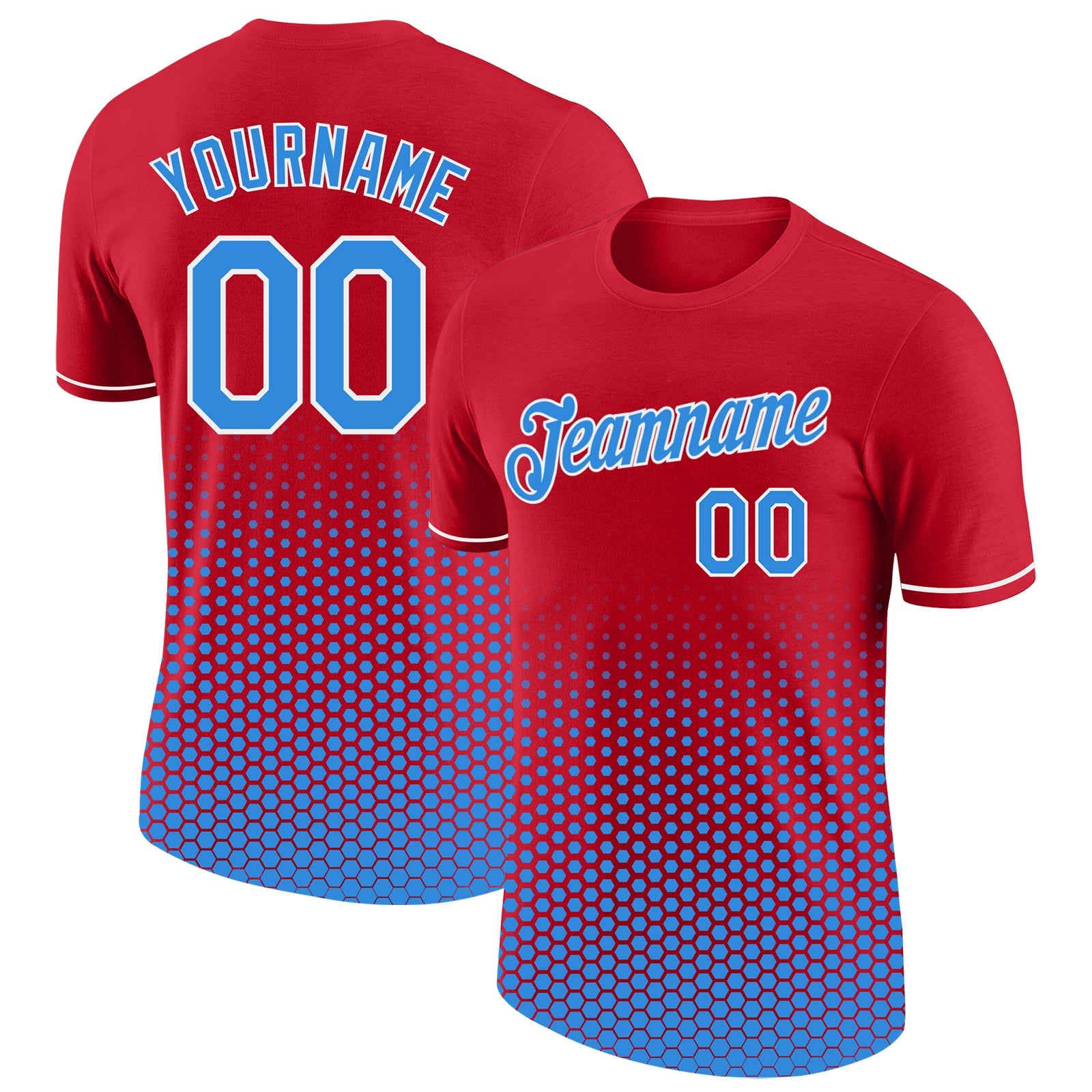 Custom Red Powder Blue-White Geometric Hexagonal Dot Gradient Performance T-Shirt - Main View