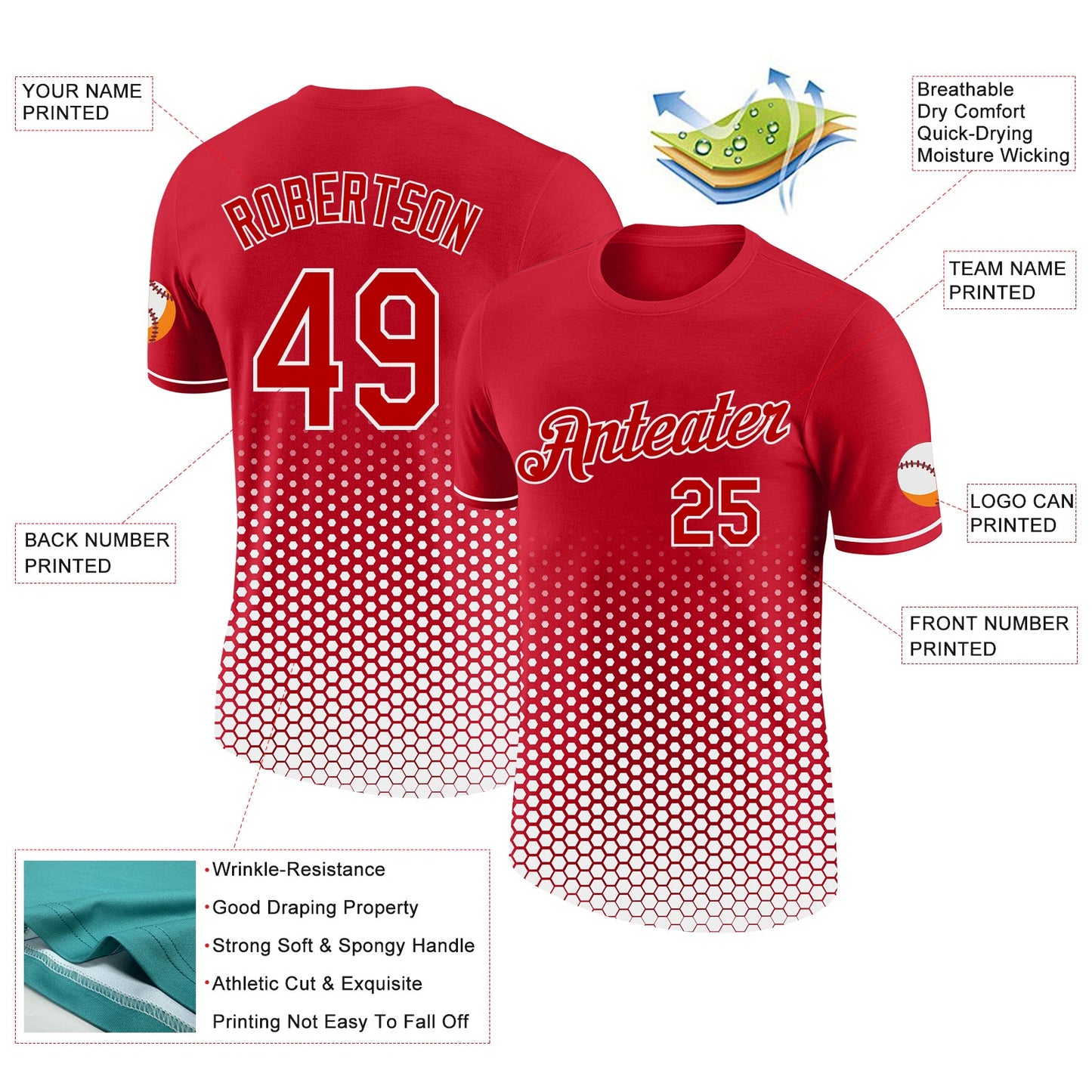 Custom Red-White Geometric Hexagonal Dot Gradient Performance T-Shirt view 2