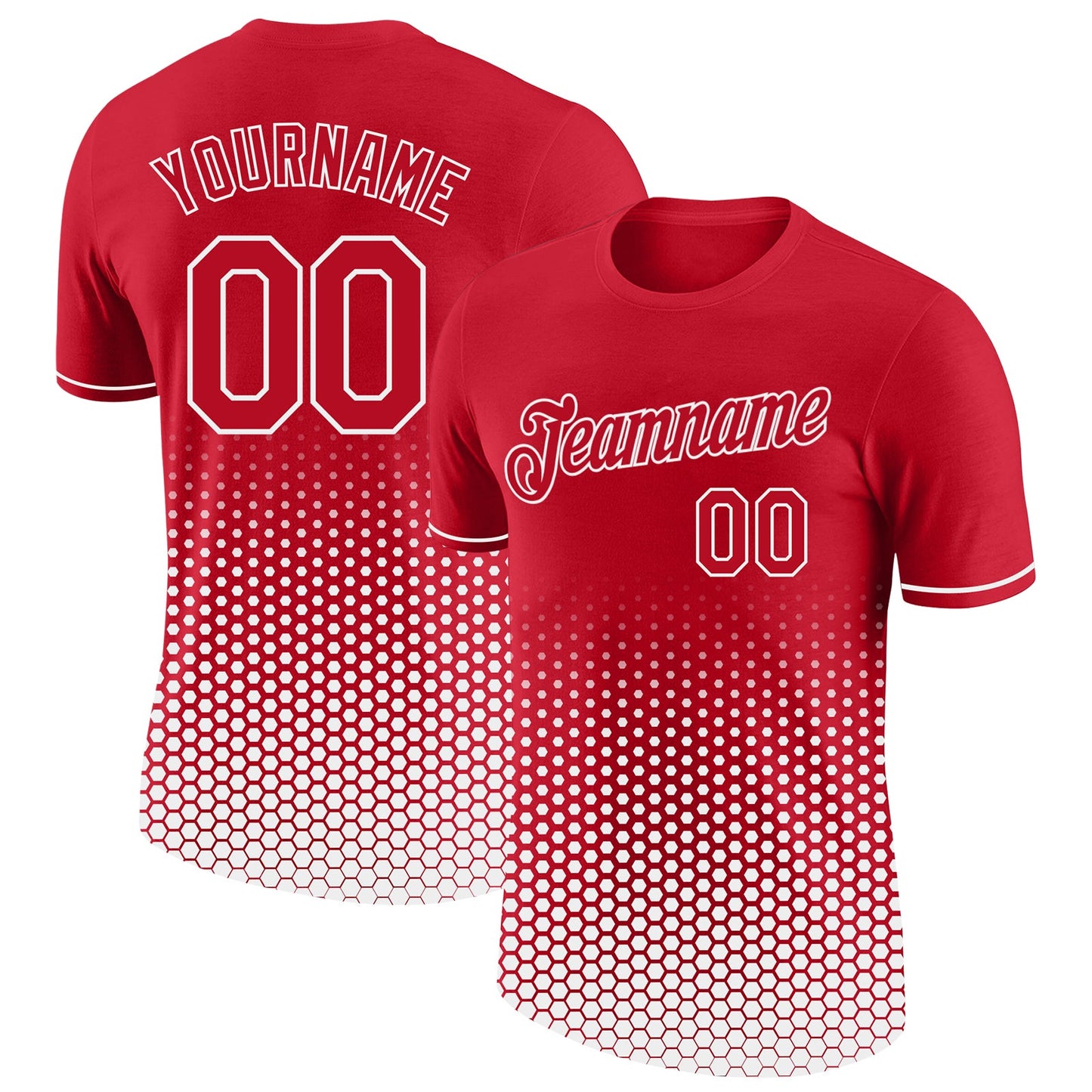 Custom Red-White Geometric Hexagonal Dot Gradient Performance T-Shirt - Main View