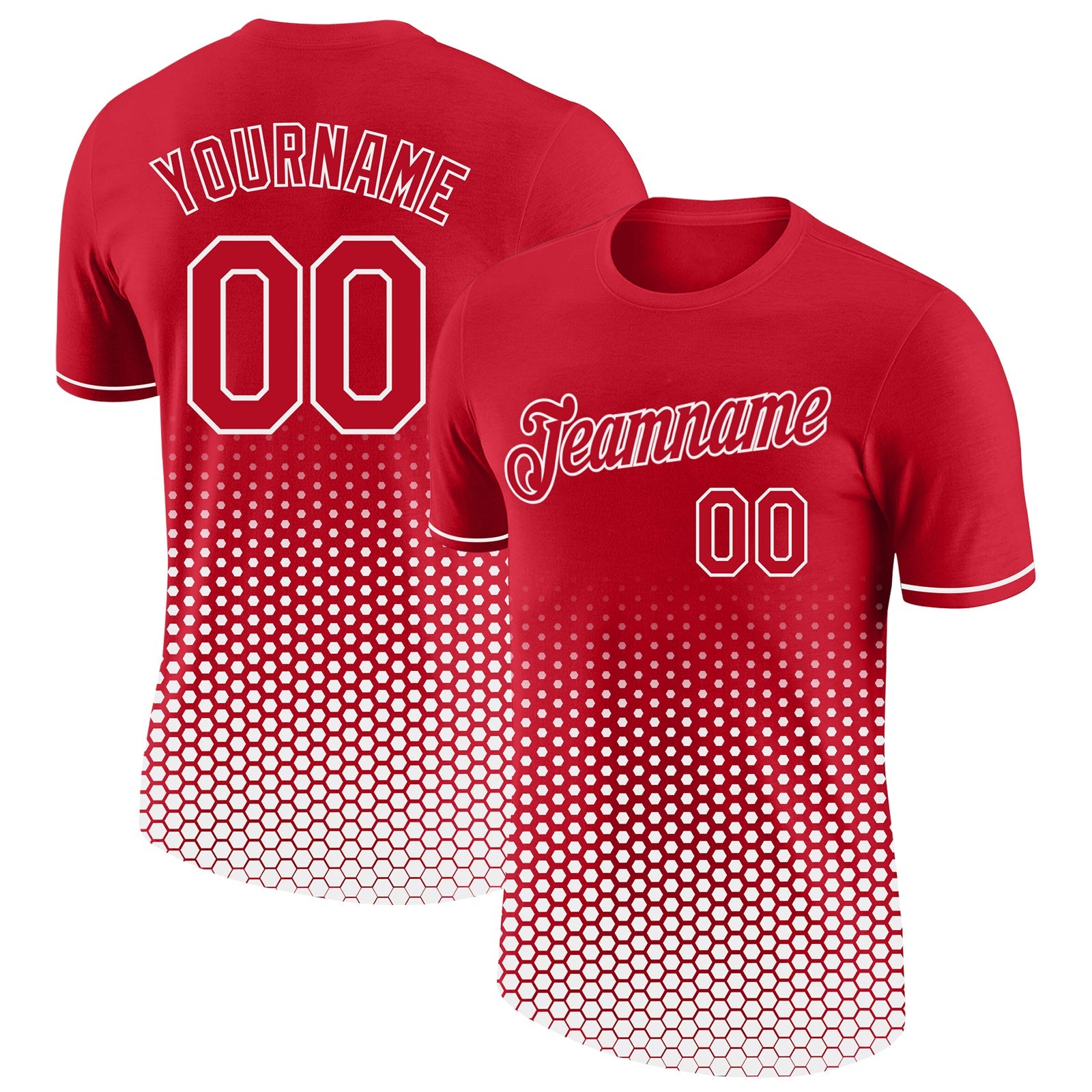 Custom Red-White Geometric Hexagonal Dot Gradient Performance T-Shirt - Main View