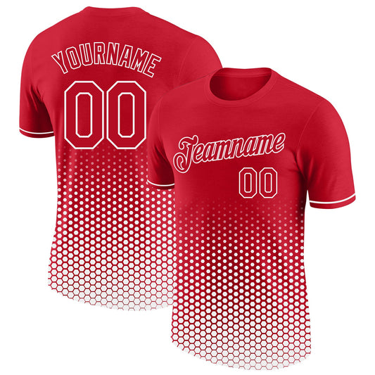 Custom Red-White Geometric Hexagonal Dot Gradient Performance T-Shirt - Main View