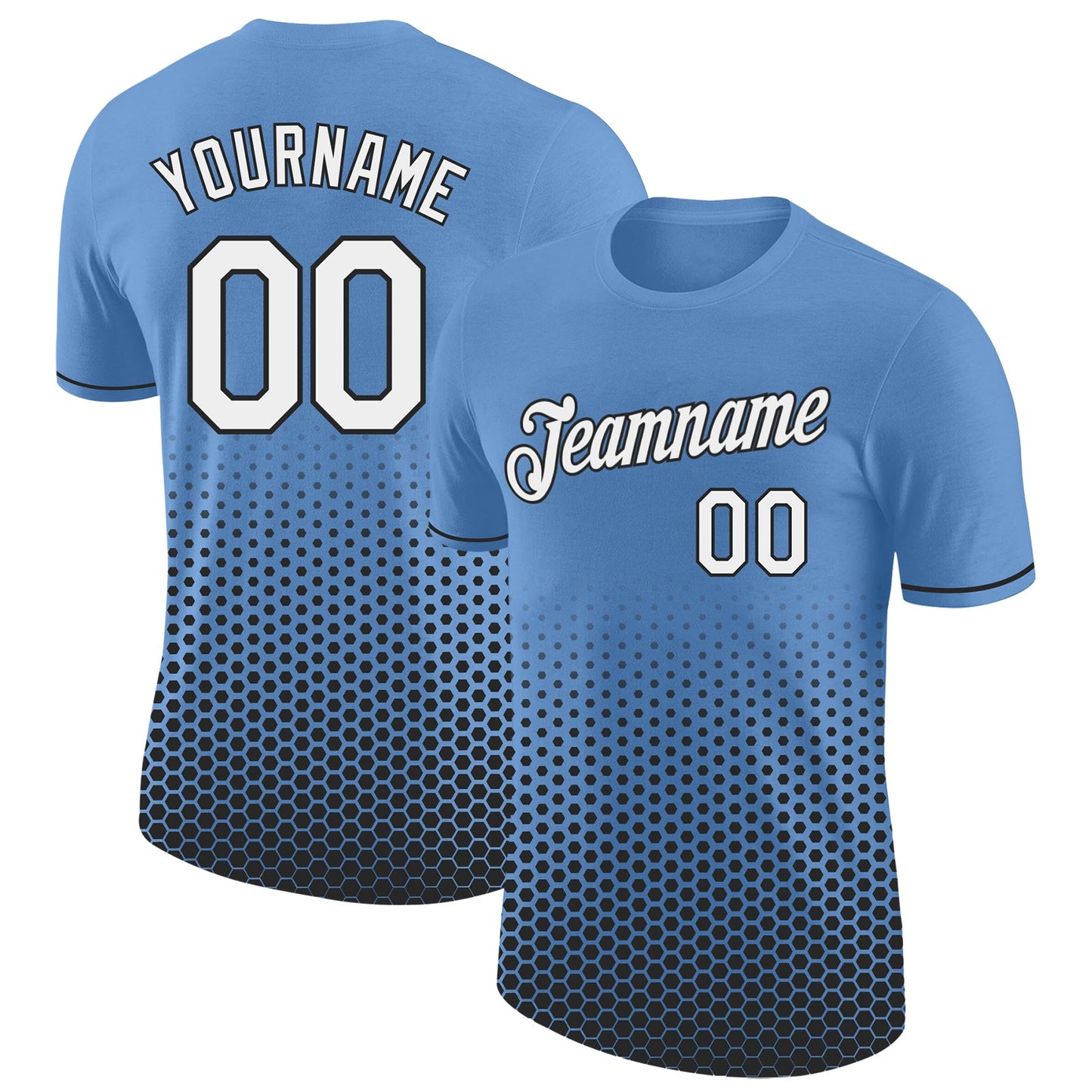 Custom Light Blue White-Black Geometric Hexagonal Dot Gradient Performance T-Shirt - Main View