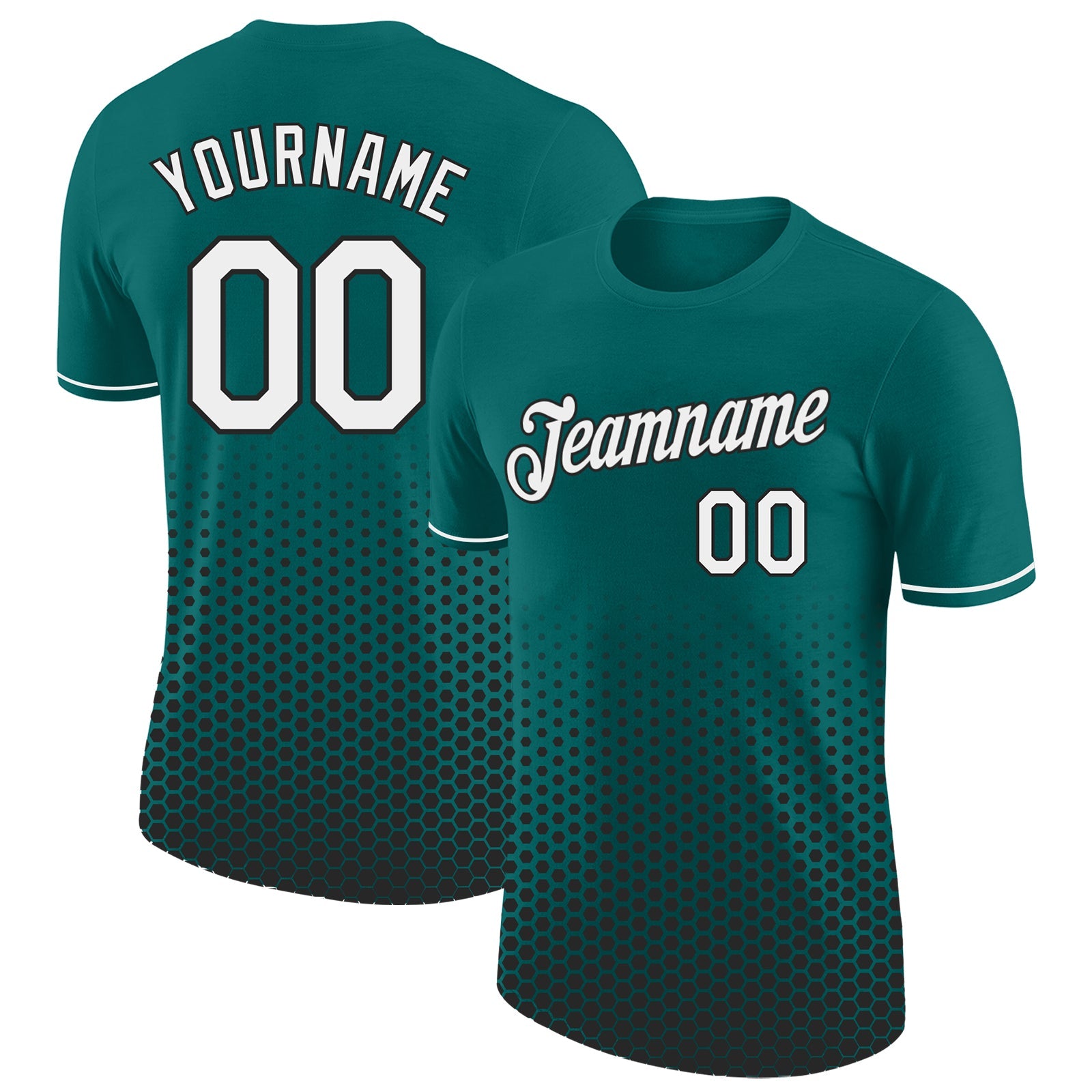 Custom Teal White-Black Geometric Hexagonal Dot Gradient Performance T-Shirt - Main View