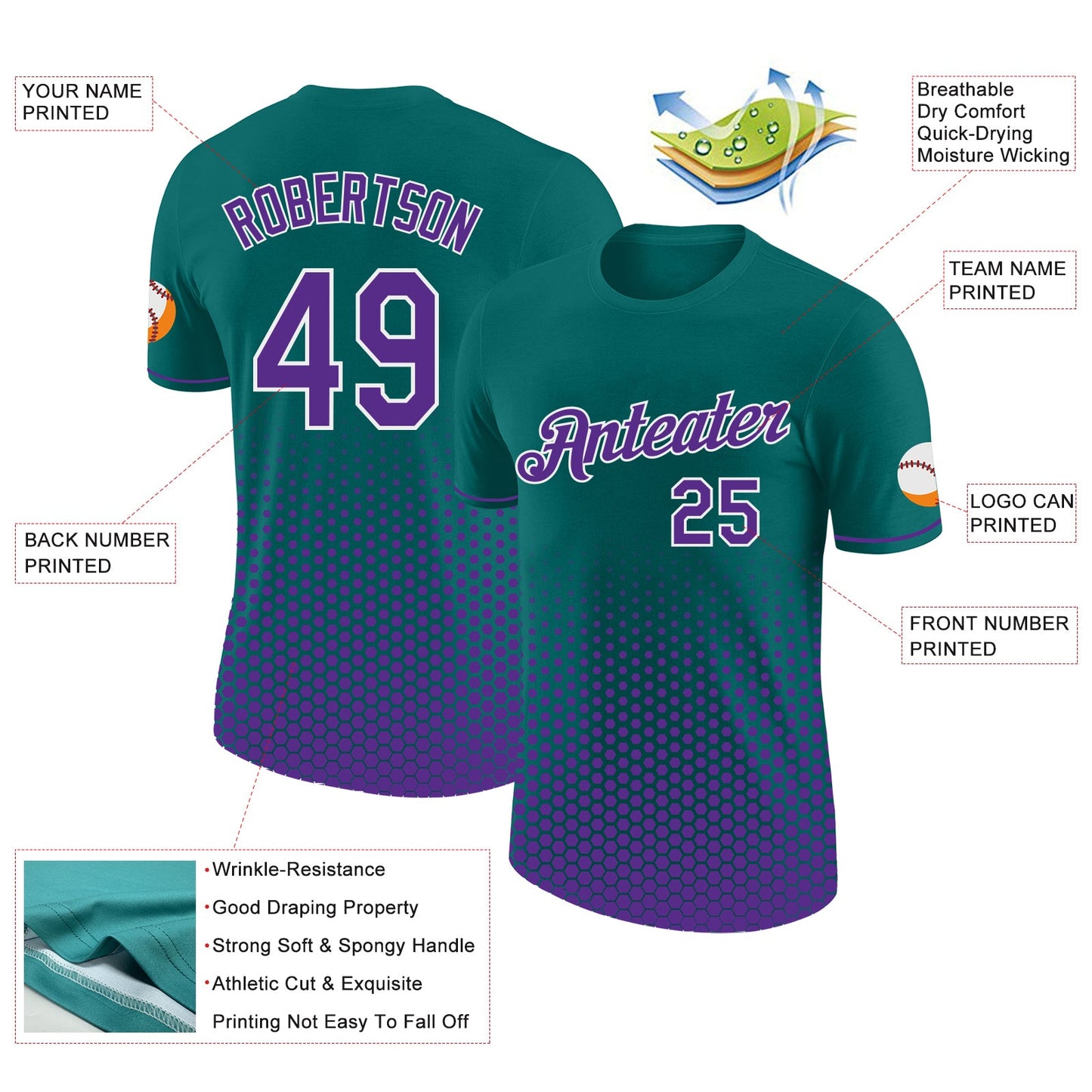 Custom Teal Purple-White Geometric Hexagonal Dot Gradient Performance T-Shirt view 2