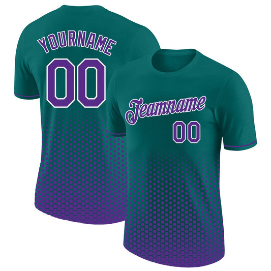 Custom Teal Purple-White Geometric Hexagonal Dot Gradient Performance T-Shirt - Main View