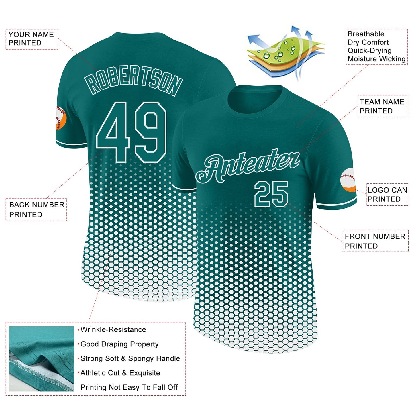 Custom Teal-White Geometric Hexagonal Dot Gradient Performance T-Shirt view 2