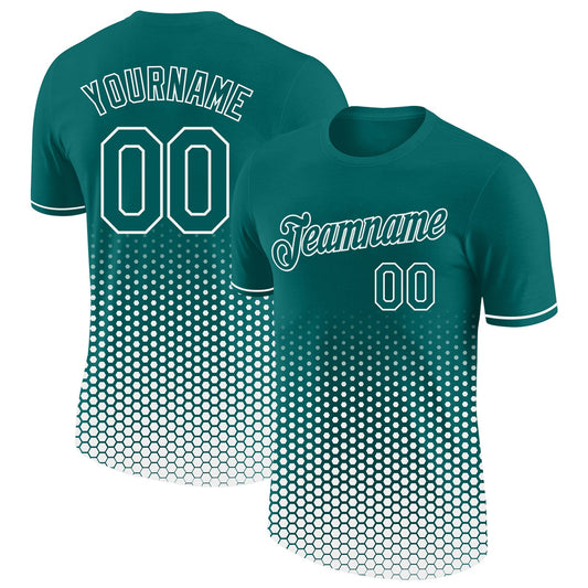 Custom Teal-White Geometric Hexagonal Dot Gradient Performance T-Shirt - Main View